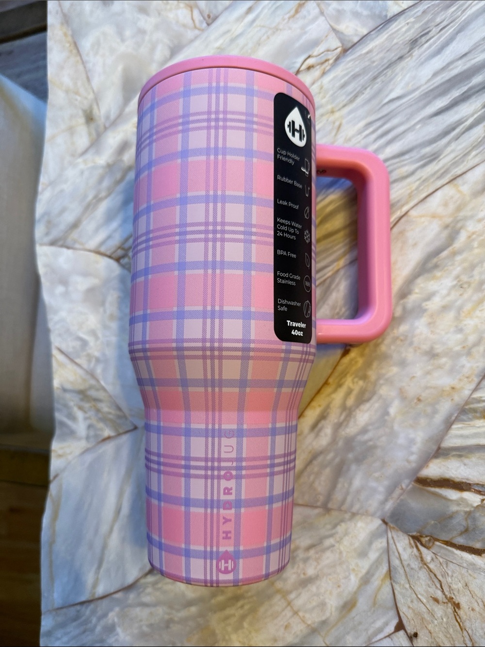 HydroJug Pink and Lavender Plaid 40oz Travel Mug with Handle